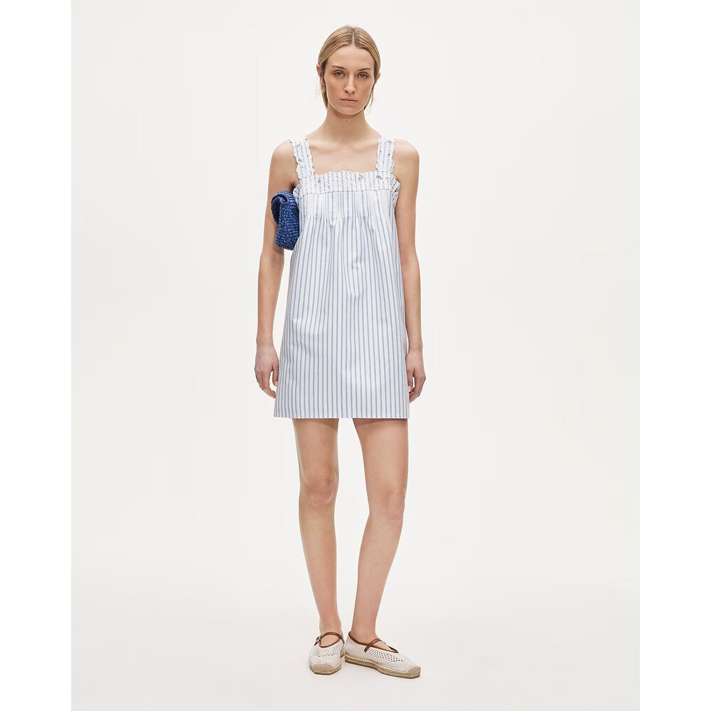 J Crew Mini Dress Womens Small Tall White Blue Stripe Ondine Cotton CV951 NWT